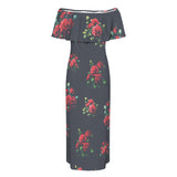 rose on grid print Women's Off Shoulder Ruffle Boat Neck Dress (Model D71)