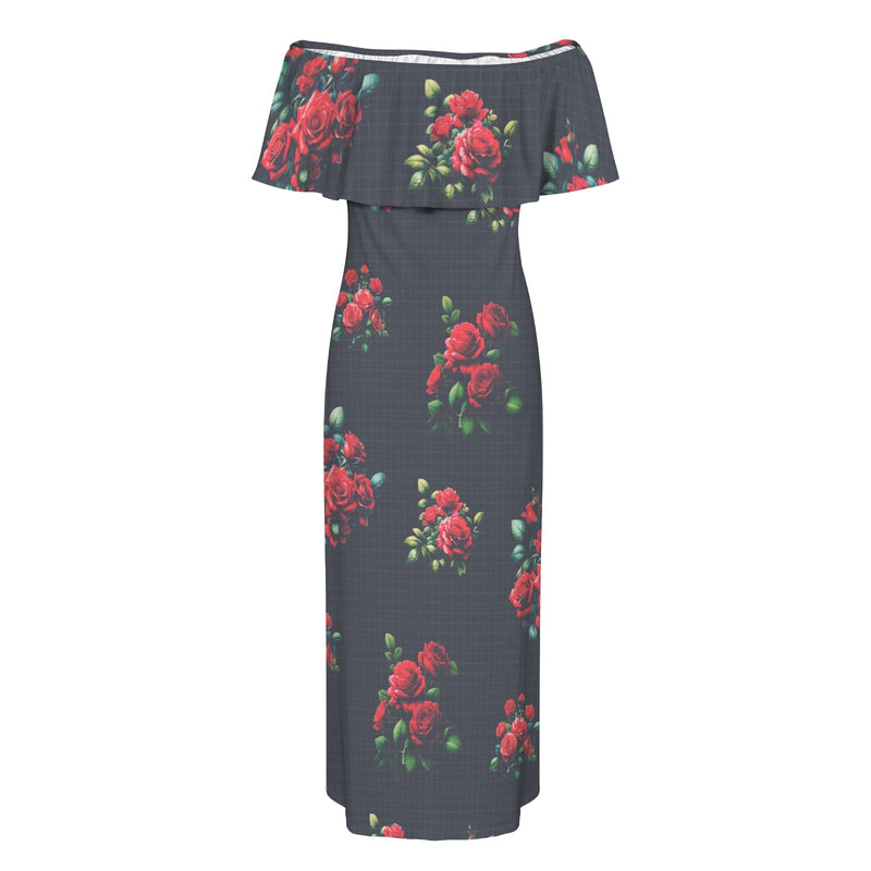 rose on grid print Women's Off Shoulder Ruffle Boat Neck Dress (Model D71)