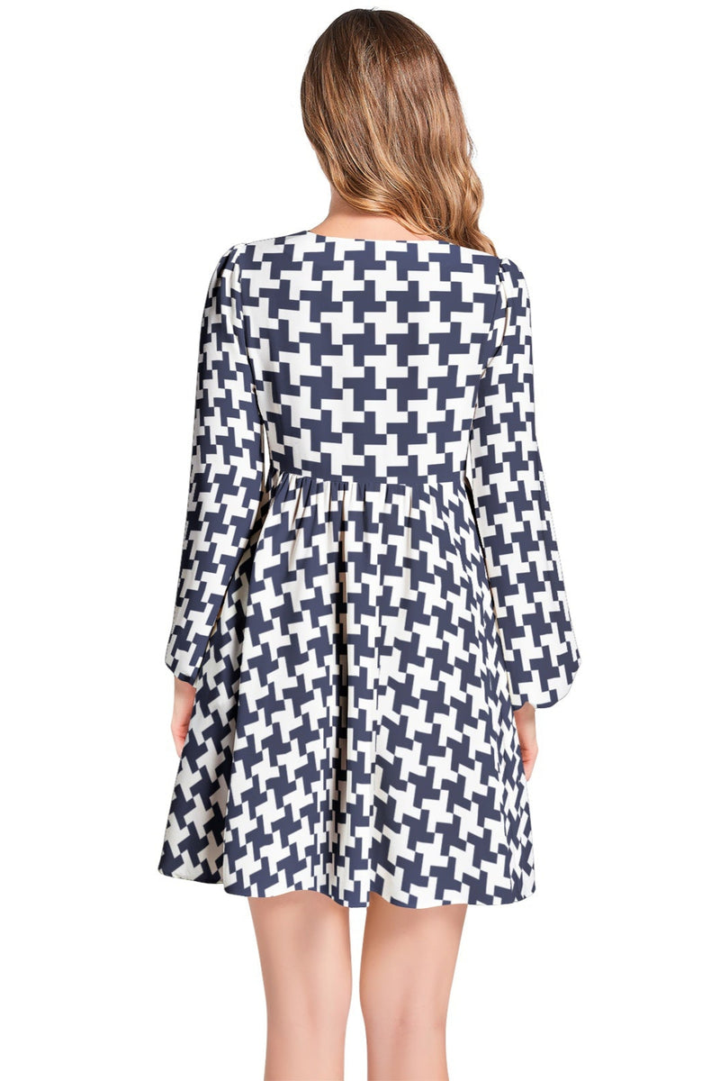 Houndstooth Lantern Sleeve Deep V-Neck Short Dress