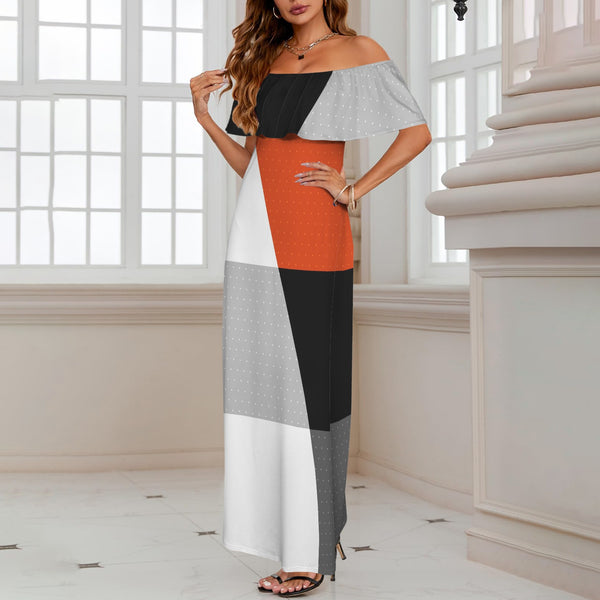 Color Block Women's Off Shoulder Ruffle Boat Neck Dress