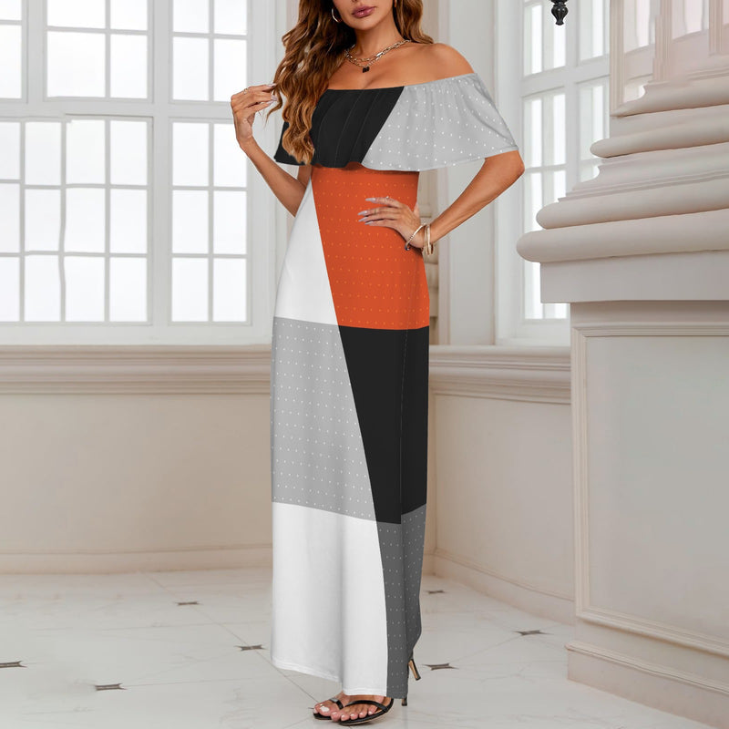 Color Block Women's Off Shoulder Ruffle Boat Neck Dress