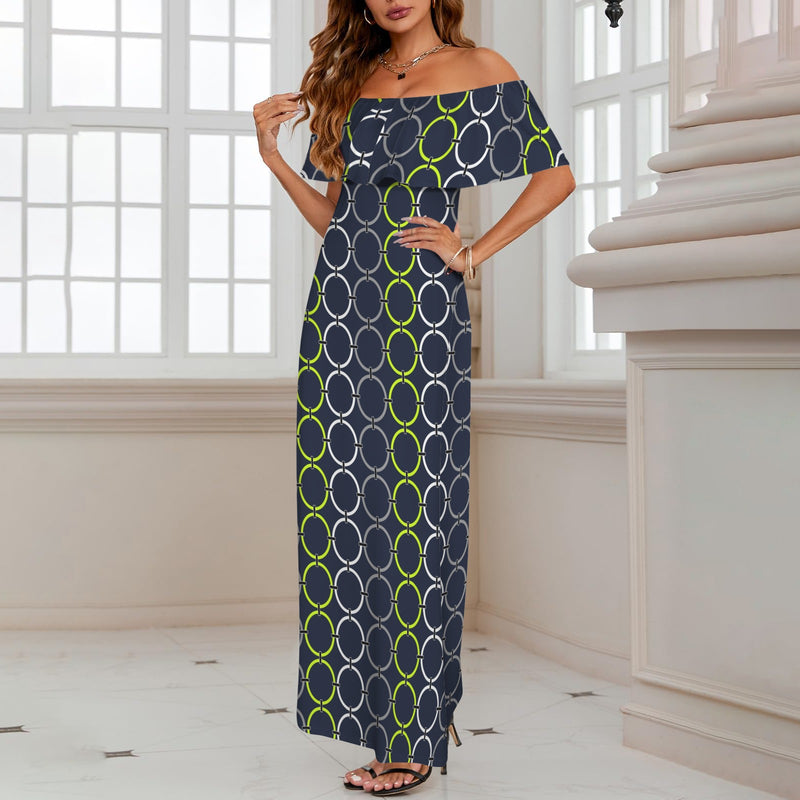 neon green links print 4A Women's Off Shoulder Ruffle Boat Neck Dress (Model D71)