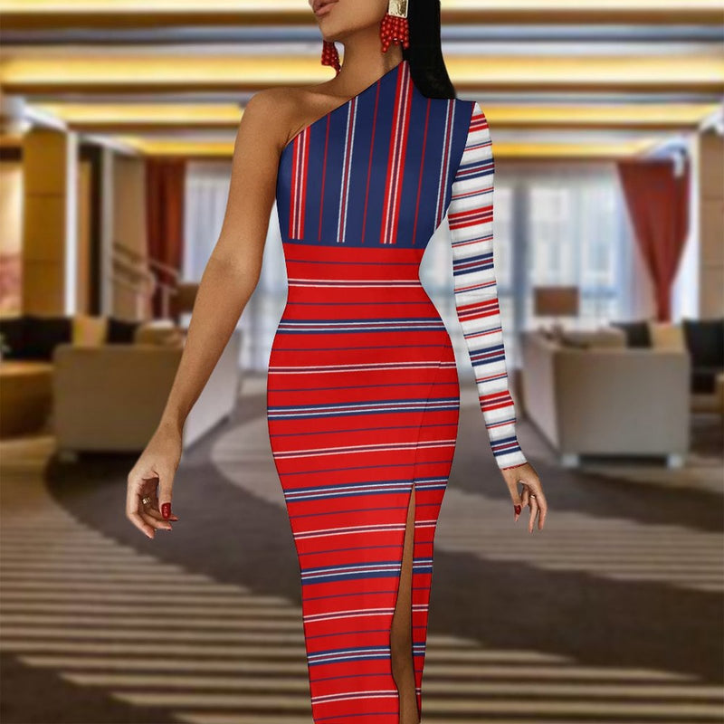 Americana One-Shoulder Slit Maxi Dress