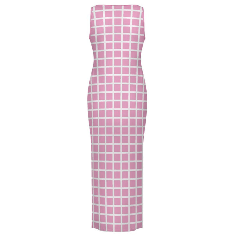 Window Pane Split cheongsam Sleeveless Bodycon Side Slit Long Dress