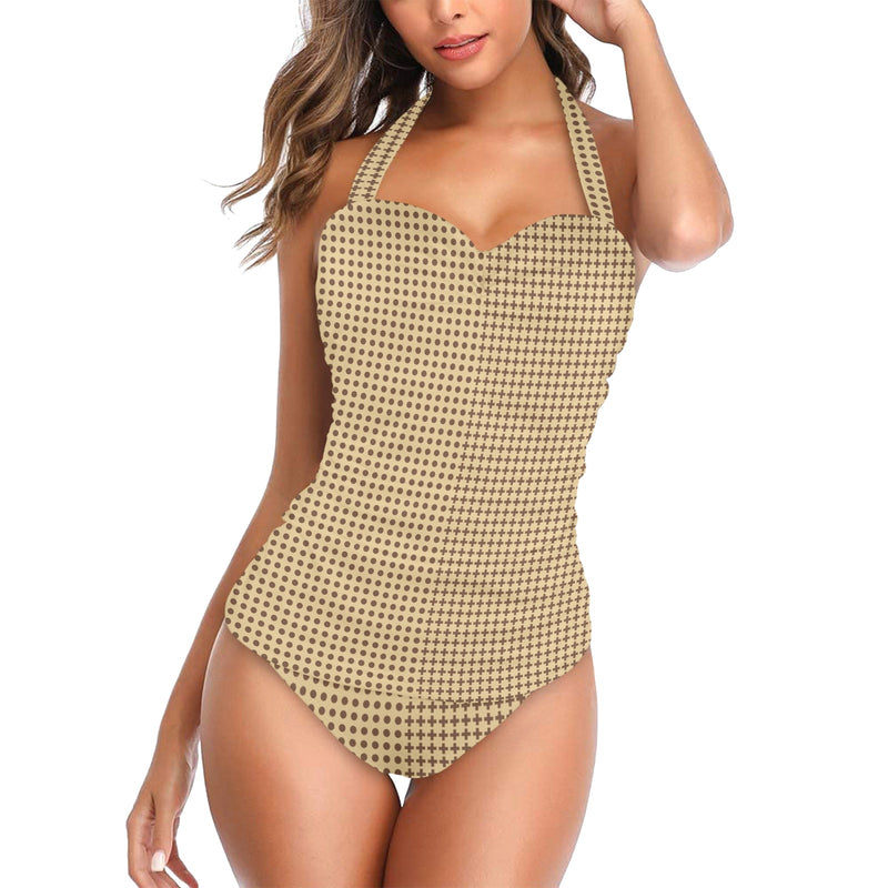 symbolic print Women's Halter Neck Gather Chest Swimsuit (Model S52)