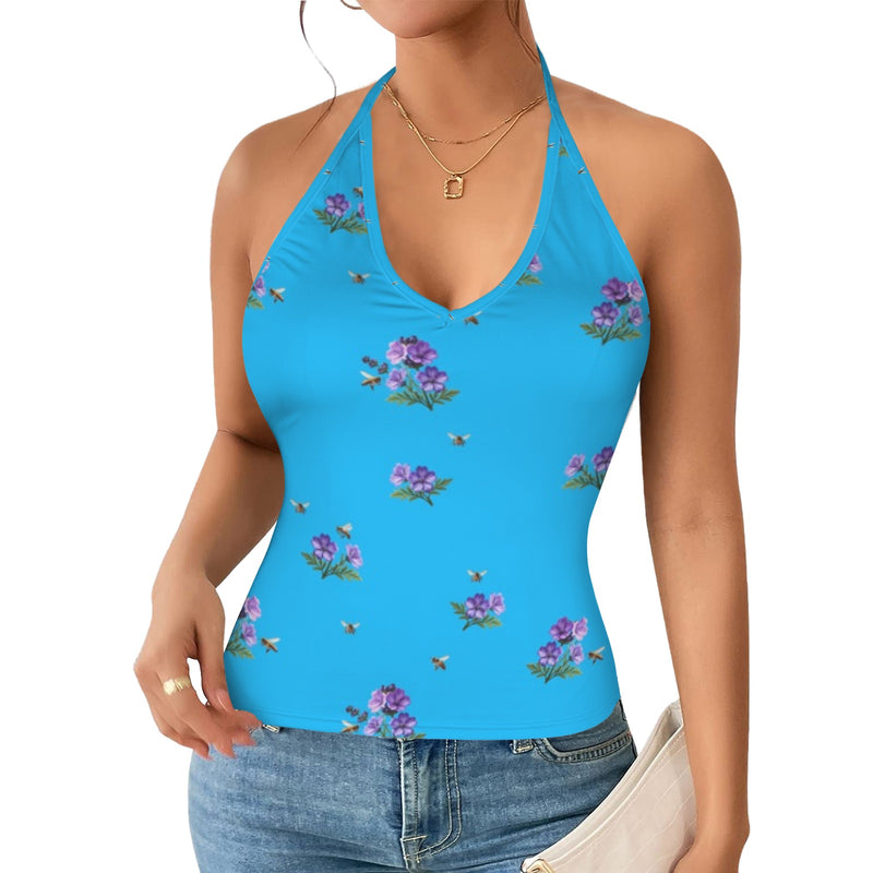 apiary blue print 5 Women's V-Neck Halter Top (Model T83)
