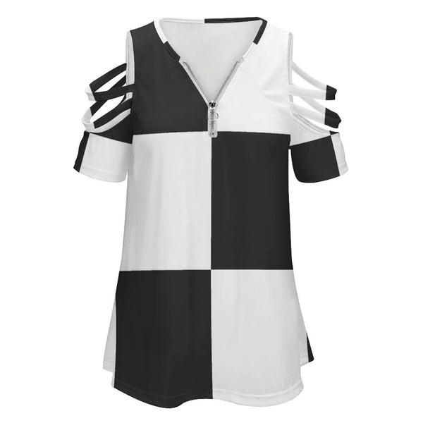 Women&#039;s Off Shoulder Zip V-Neck Tunic BE zip off shoulder top