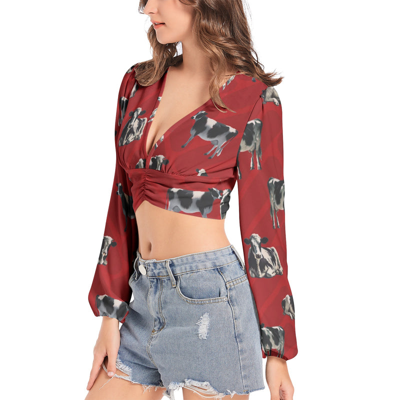 Women's Deep V-Neck Lantern Sleeve Crop Top