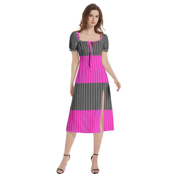 Puff Sleeve Split Thigh Midi Dress