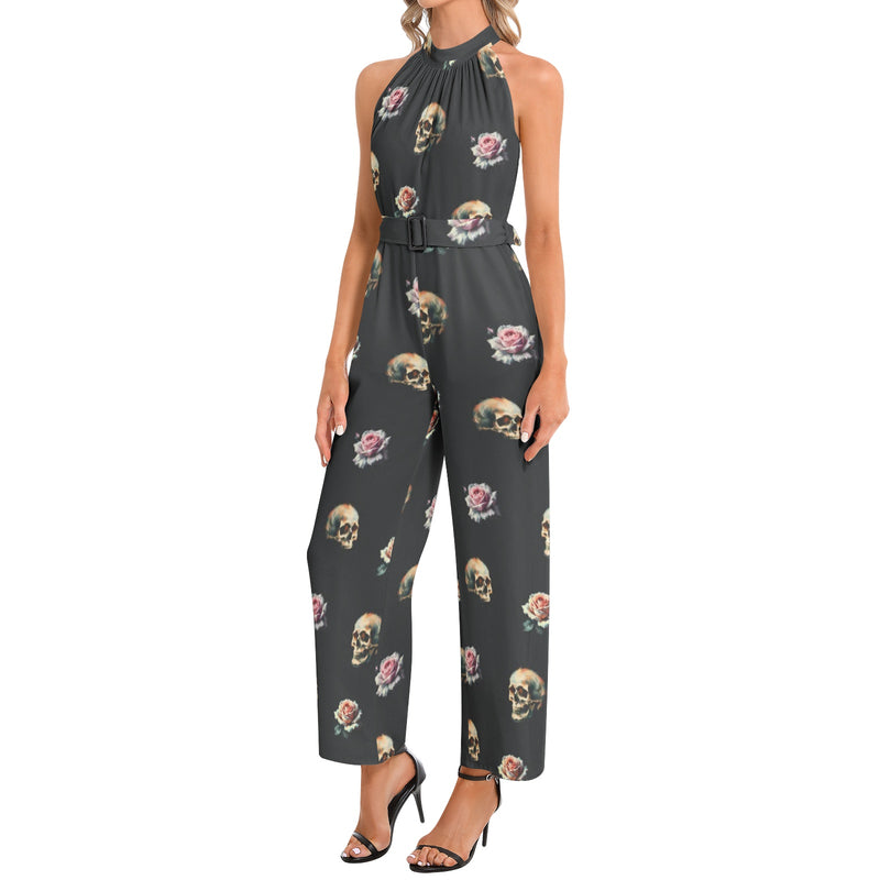 Halter Neck Buckle Belted Jumpsuit