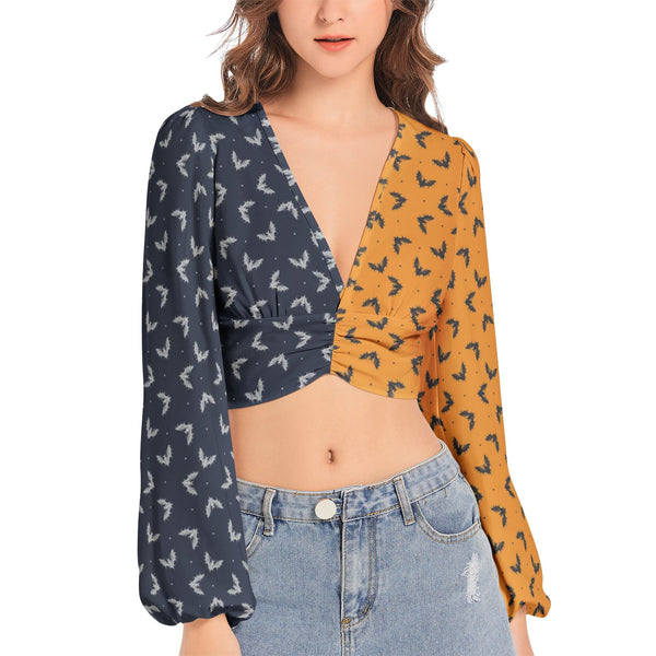 Women's Deep V-Neck Lantern Sleeve Crop Top