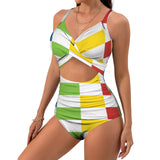 rect colored print 3A Women's Twist Front Tie Back Swimsuit (Model S57)