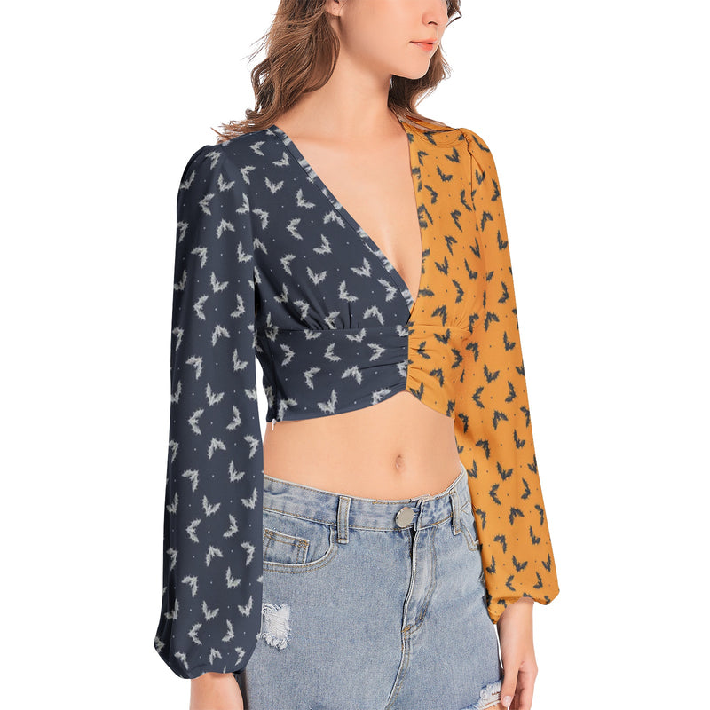 Women's Deep V-Neck Lantern Sleeve Crop Top