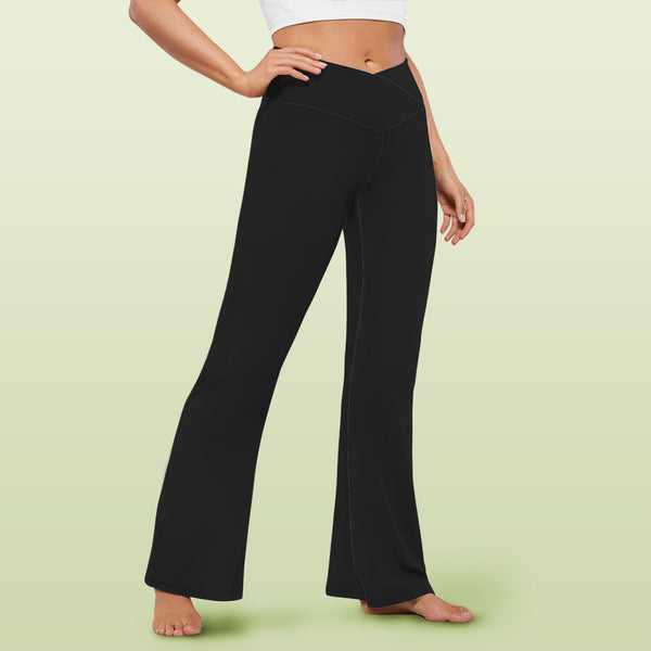 black solid print skirt High Waist Crossover Tummy Control Flare Leggings