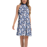 Delft Blue Orchids Tie Back Halter Neck Flared Dress