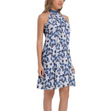 Delft Blue Orchids Tie Back Halter Neck Flared Dress