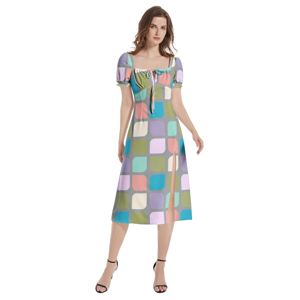 Puff Sleeve Split Thigh Midi Dress