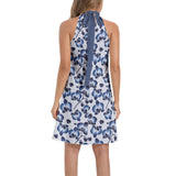 Delft Blue Orchids Tie Back Halter Neck Flared Dress