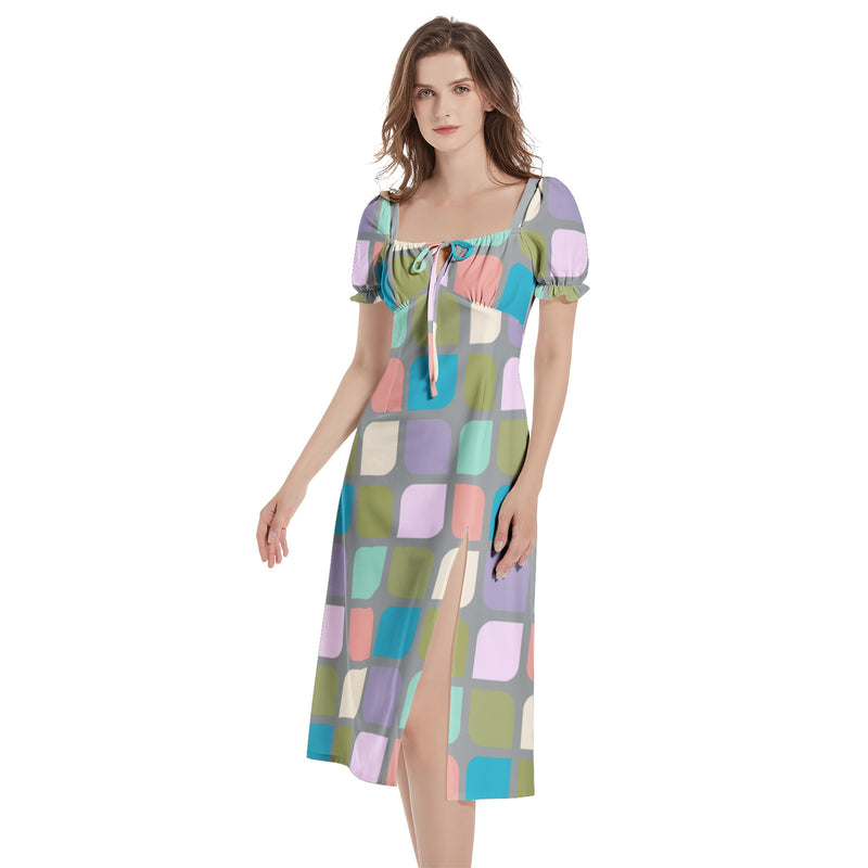 Puff Sleeve Split Thigh Midi Dress