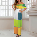 colored print matrix Women's Off Shoulder Ruffle Boat Neck Dress (Model D71)