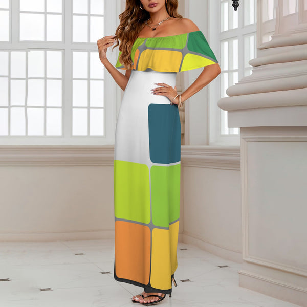 colored print matrix Women's Off Shoulder Ruffle Boat Neck Dress (Model D71)