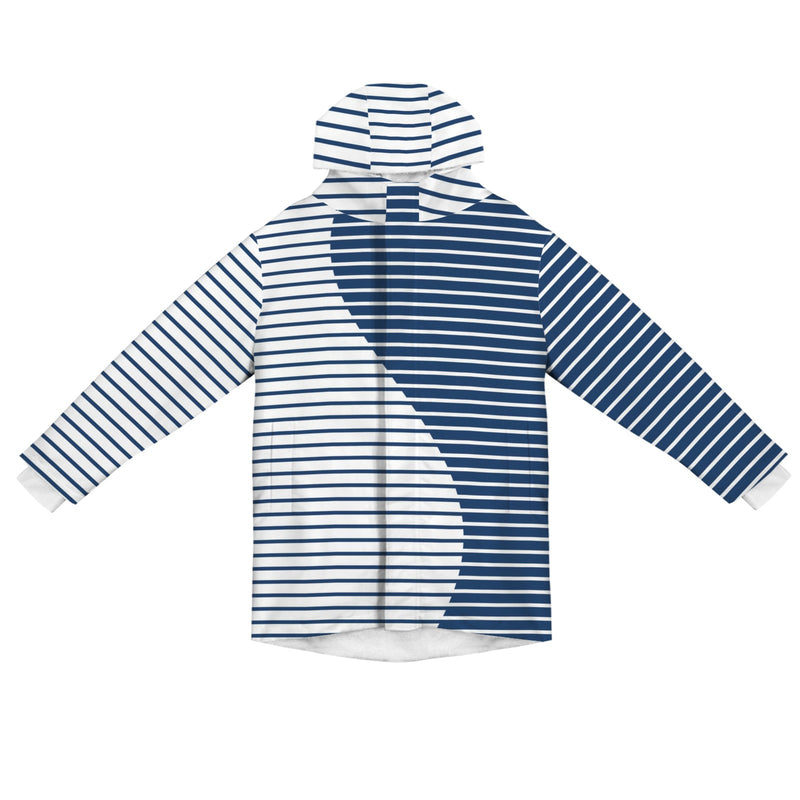 wave striped blue white print2 Men's Mid-Length Hooded Coat (Model H69)