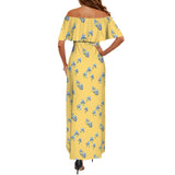 light gold iris print Women's Off Shoulder Ruffle Boat Neck Dress (Model D71)