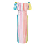 striped print colorful 2A Women's Off Shoulder Ruffle Boat Neck Dress (Model D71)