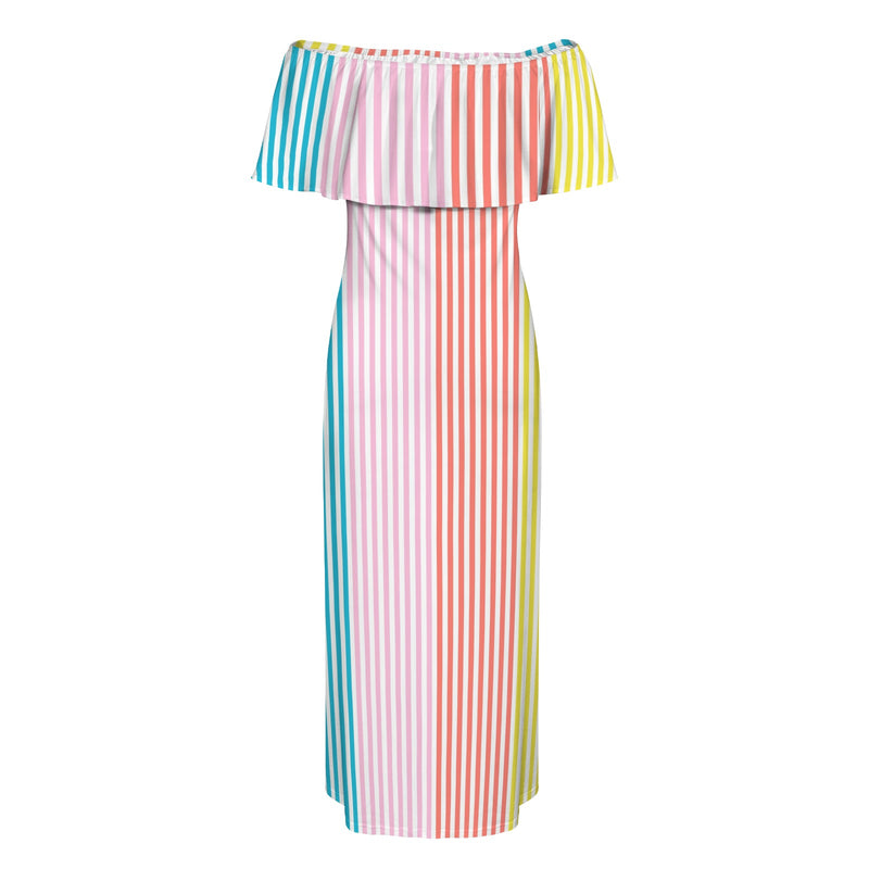 striped print colorful 2A Women's Off Shoulder Ruffle Boat Neck Dress (Model D71)