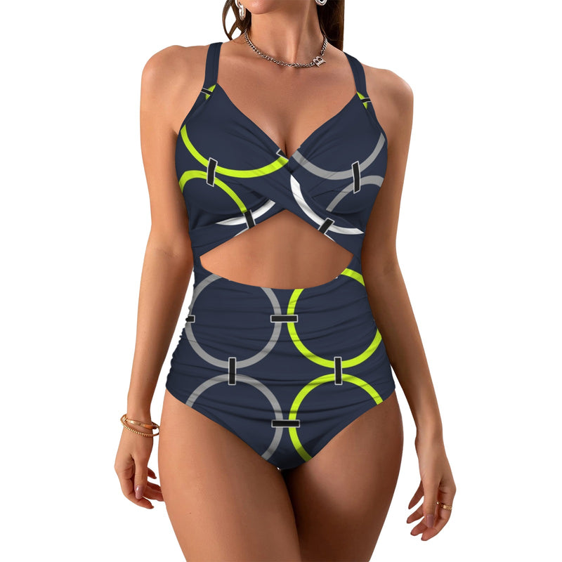 rings white print Women's Twist Front Tie Back Swimsuit (Model S57)
