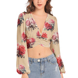 Women's Deep V-Neck Lantern Sleeve Crop Top