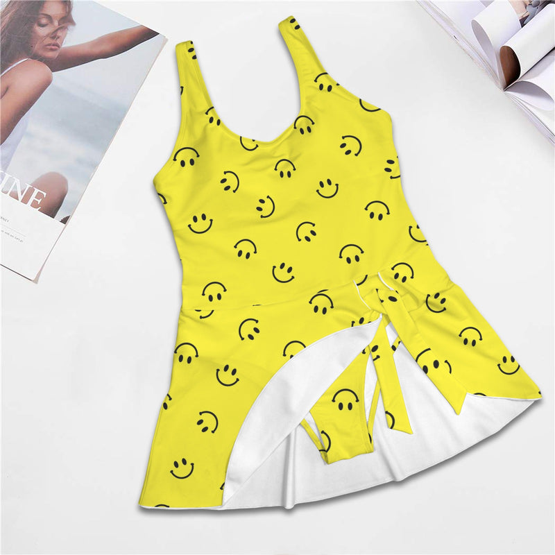 smiley face print 2A Women's One Piece Skirted Swimsuit (Model S54)