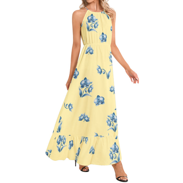 Ruffle Hem Halter Neck Maxi Dress