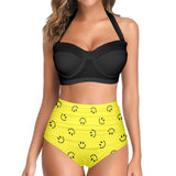 black solid print skirt Women's Halter Neck Gather Chest Bikini Swimsuit (Model S53)