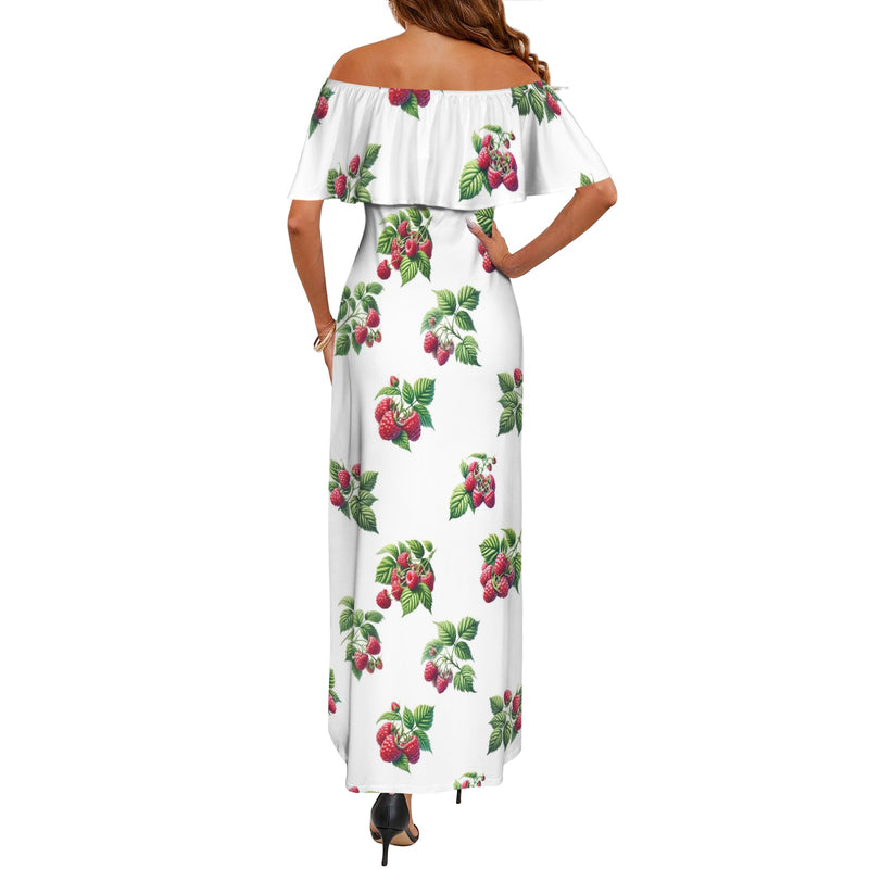 raspberry print sneakers Women's Off Shoulder Ruffle Boat Neck Dress (Model D71)