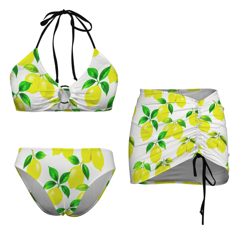 lemon drops 2 print A Drawstring Halterneck Three-Piece Swimsuit Skirt