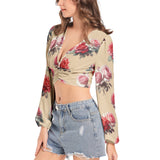 Women's Deep V-Neck Lantern Sleeve Crop Top