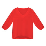 bright red Women's Loose V-Neck Long Puff Sleeve Top (Model H70)