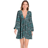Lantern Sleeve Deep V-Neck Short Dress