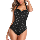 musical note blouse white on black Women's Halter Neck Gather Chest Swimsuit (Model S52)