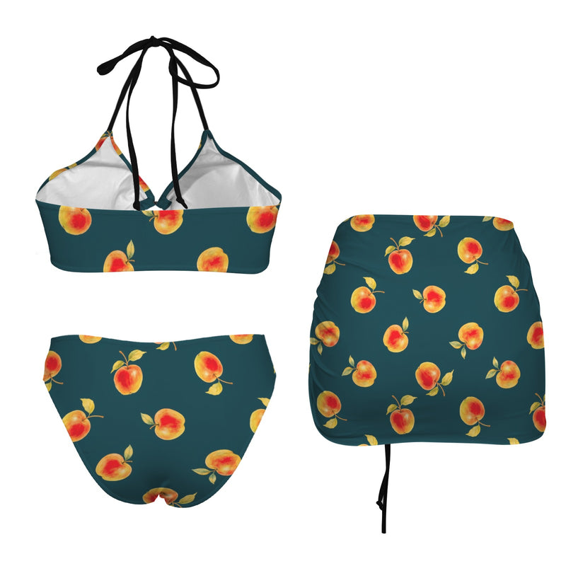 apple gold green print 4C Drawstring Halterneck Three-Piece Swimsuit Skirt