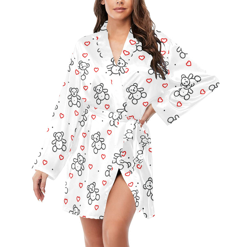 teddy bear and hearts print 2A Women's Long Sleeve Belted Night Robe