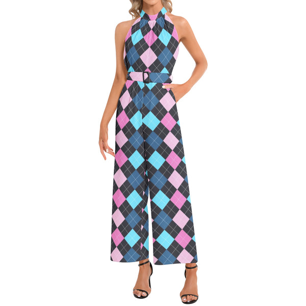 Halter Neck Buckle Belted Jumpsuit