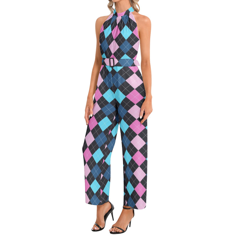 Halter Neck Buckle Belted Jumpsuit