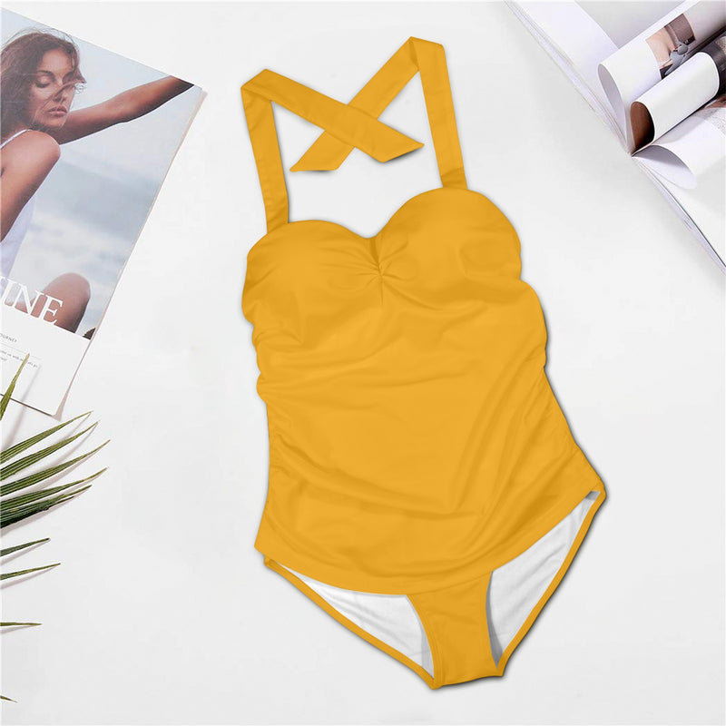 light orange butterfly blue small print 3 Women's Halter Neck Gather Chest Swimsuit (Model S52)