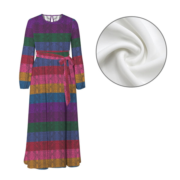 Multicolored Snakeskin Round Neck Long Sleeve Belted Maxi Dress