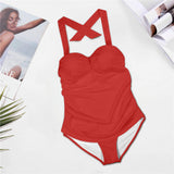 crimson2 Women's Halter Neck Gather Chest Swimsuit (Model S52)