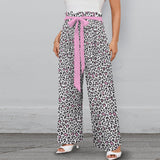 pink solid leopard accent Strappy Elastic Waist Wide Leg Pants with Pockets