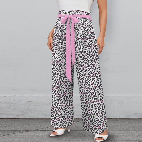 pink solid leopard accent Strappy Elastic Waist Wide Leg Pants with Pockets