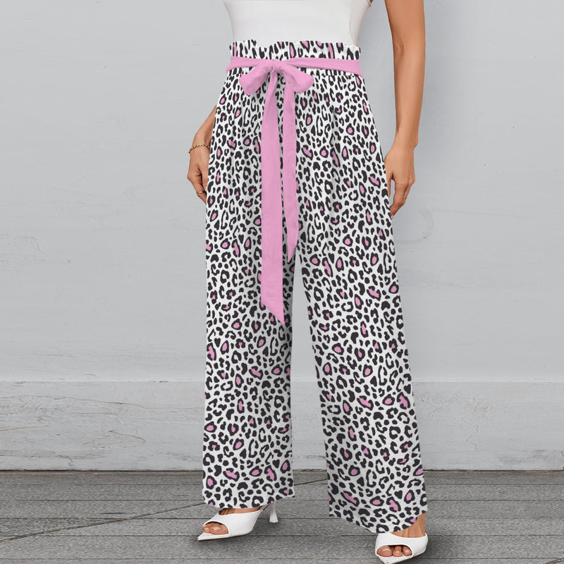 pink solid leopard accent Strappy Elastic Waist Wide Leg Pants with Pockets